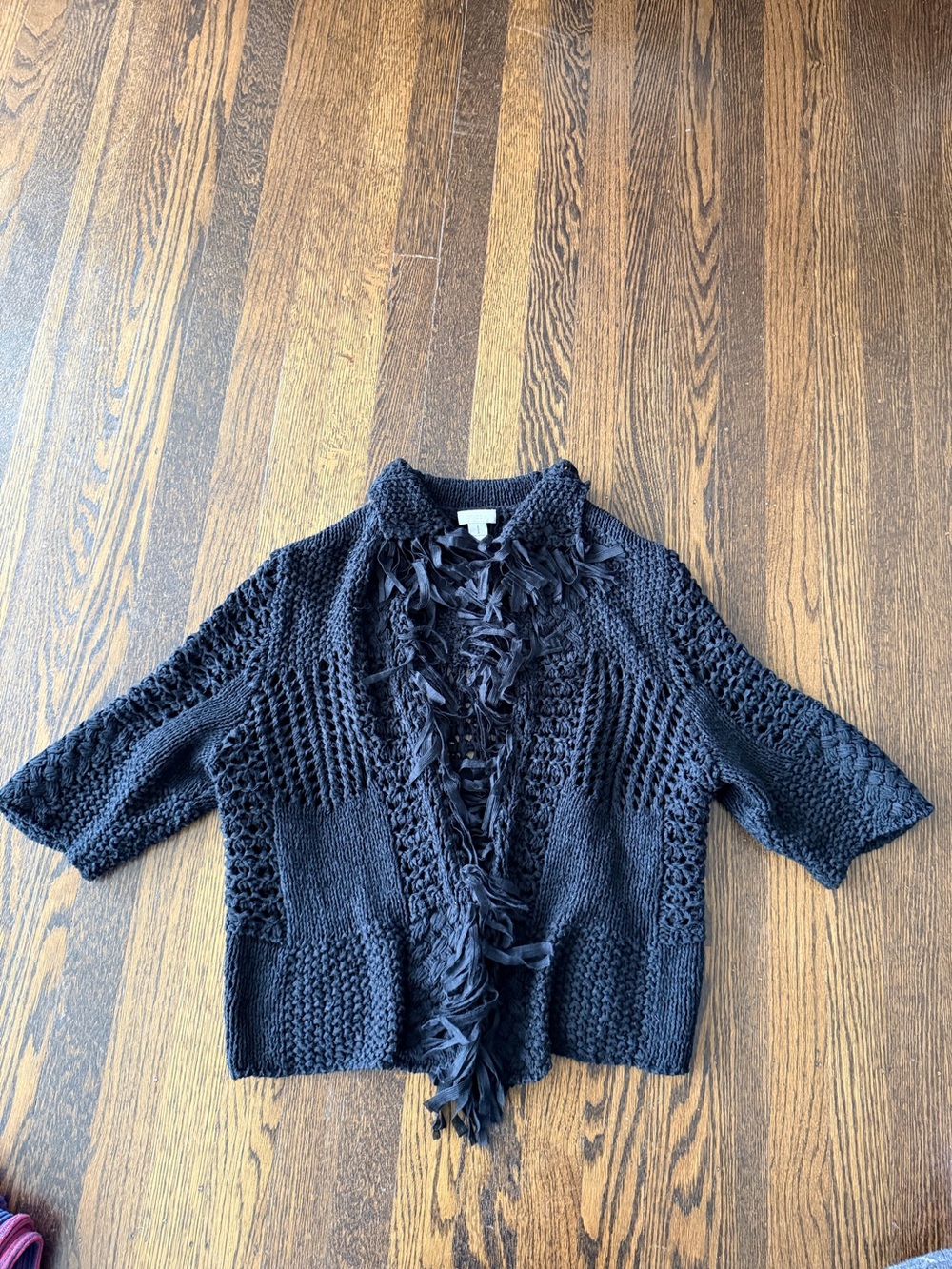 Chico's Black Feather-Trim Open Knit Cardigan size 1 medium